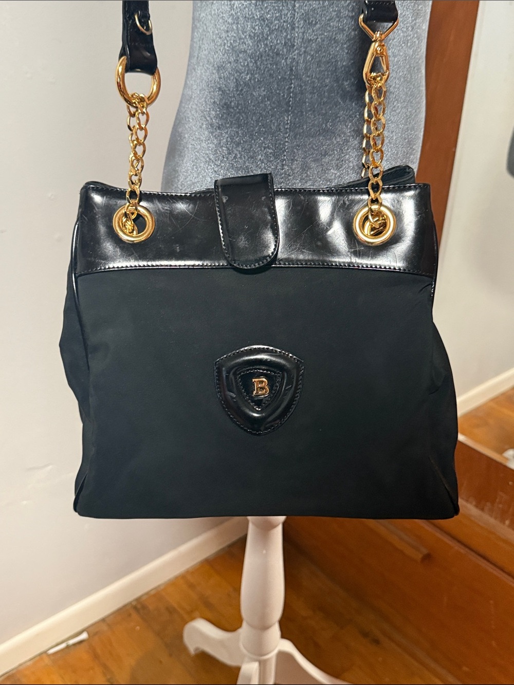 Black Patent Leather and Nylon Women’s Shoulder Bag with Gold Hardware